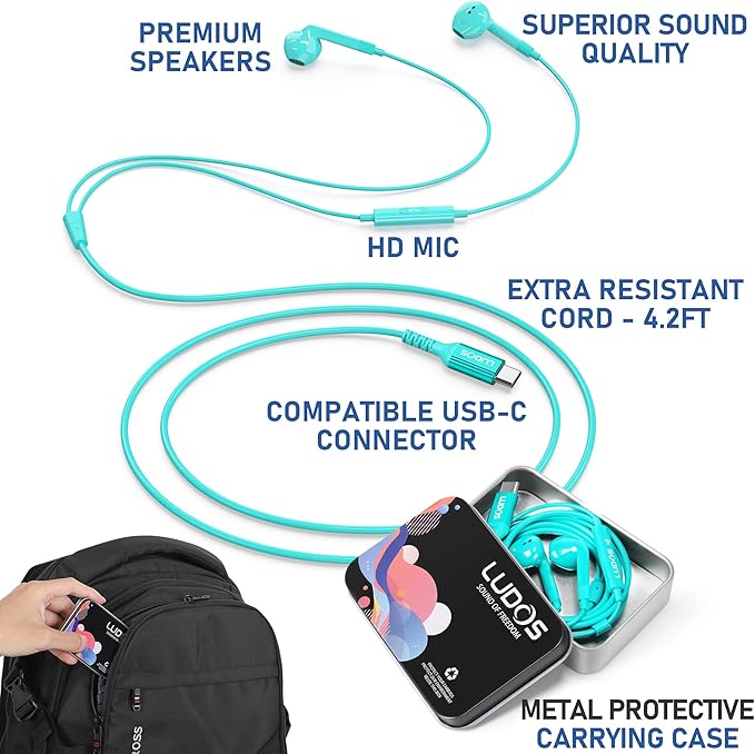 LUDOS FEROX USB C Headphones for iPhone 17 16 15 Pro Max Plus Air iPad Pro, 5 Years Warranty, USB-C Earbuds for Samsung Galaxy S24 S23 Ultra S22 S21 FE S20 Z Flip 3 Fold 4 A53, USB Type C Earphones