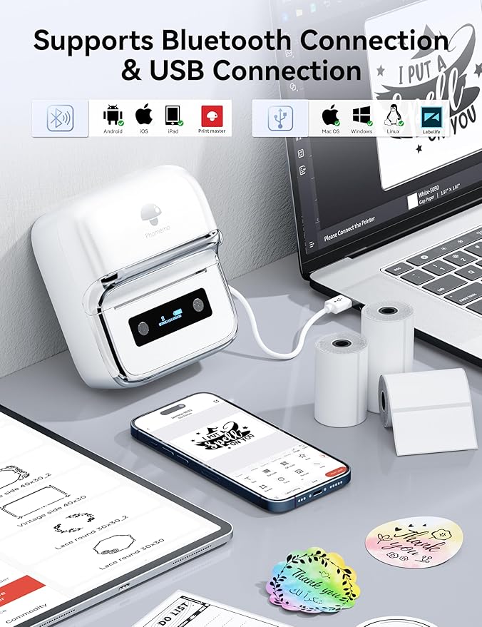 Phomemo M250 Label Maker Machine with 3 Roll Labels, 3 Inch Bluetooth Thermal Label Printer, Upgrade Portable Barcode & Address Label Maker for Business, Home, School, Logo Label