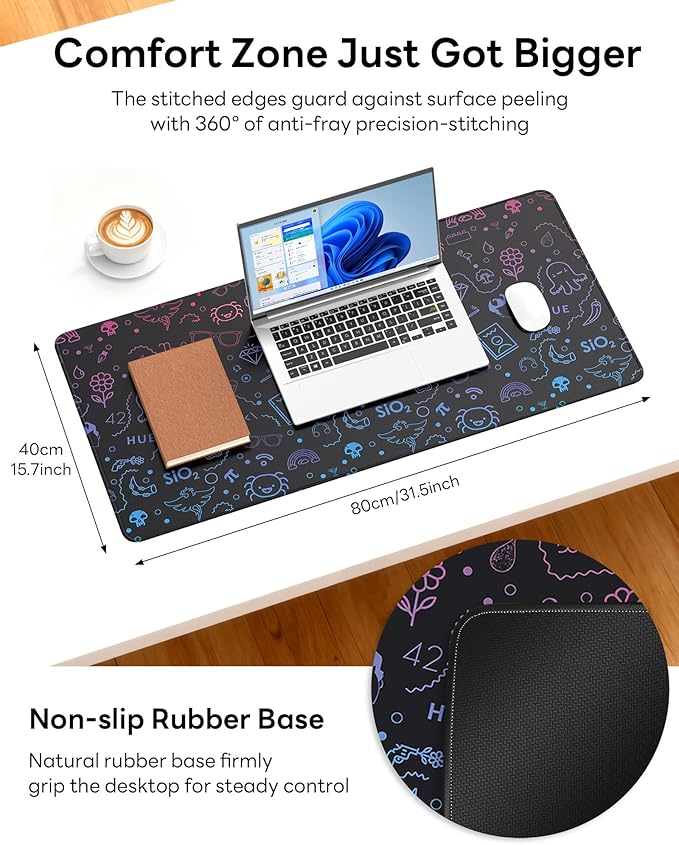 XL Gaming Mouse Pad, 31.5x15.7'' Large Desk Mat with Anti-Slip Rubber Base & Stitched Edges for Gaming, Office, Home - Cute Graffiti