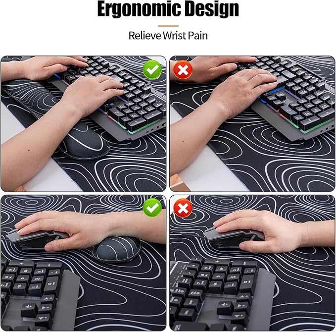 Bloss Large Gaming Mouse Pad XL Desk Mat, 4-in-1 Mouse Pad with Wrist Rest, Large Desk Pad, Keyboard Pad for Office/Home-Black and White Topography (31.5 x 15.7 x 0.12 Inches)