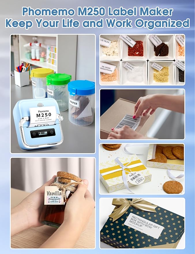 Phomemo M250 Label Maker, 3" Thermal Barcode & Address Printer - Portable Label Maker for School, Business, Home & Logos, Sticker Printer Compatible with Phones & PCs, with 100 Labels, 40x30mm