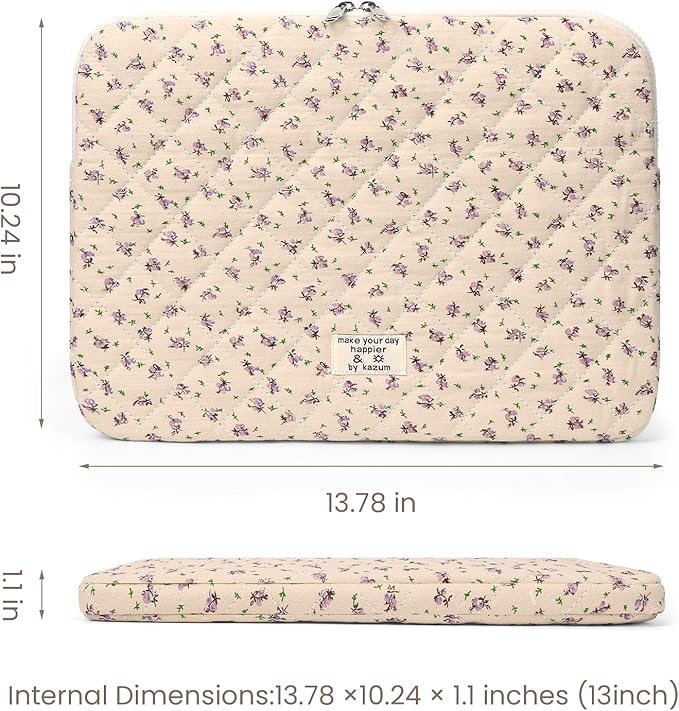 Puffy Laptop Sleeve Case Cute Computer Bag Flower Printed Quilted Laptop Carrying Cases Floral Pattern Protective Cover