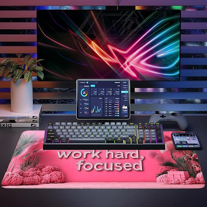 Mouse Pad, Large Anti-Slip with Stitched Edges Desk Mat Desktop Laptop Computer Desk Keyboard Mat,Table Protector Blotter Mat (Work Hard, 35.4" x 15.7")