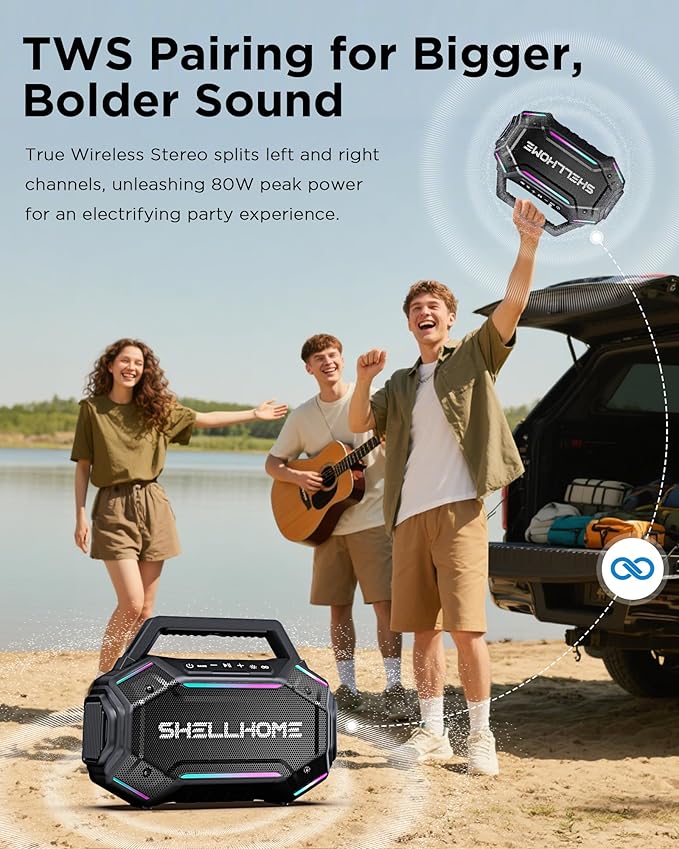 Bluetooth Outdoor Speakers, 80W(Peak) Loud Wireless Speaker, 30H Playtime, RGB Lights, BassUp 2.0, IPX6 Waterproof, TWS, Bluetooth 6.0, Portable Boombox for Party, Pool, Beach (Teal)
