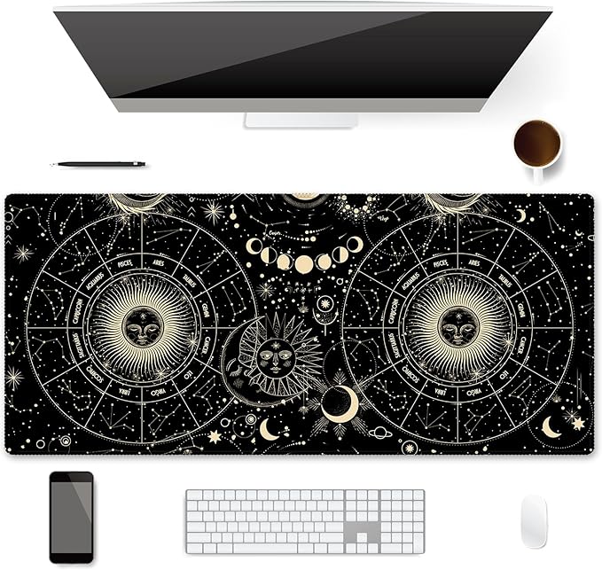 XXL Waterproof Office Desk Pad Protector 35.4x15.7 Inch - Extended Gaming Mouse Pad with Non-Slip Rubber Base, Thickened Keyboard Mat, Stitched Edges & Moon Star Design