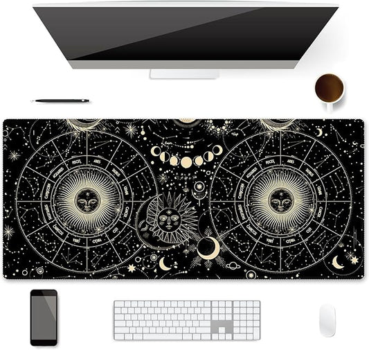 XXL Waterproof Office Desk Pad Protector 35.4x15.7 Inch - Extended Gaming Mouse Pad with Non-Slip Rubber Base, Thickened Keyboard Mat, Stitched Edges & Moon Star Design