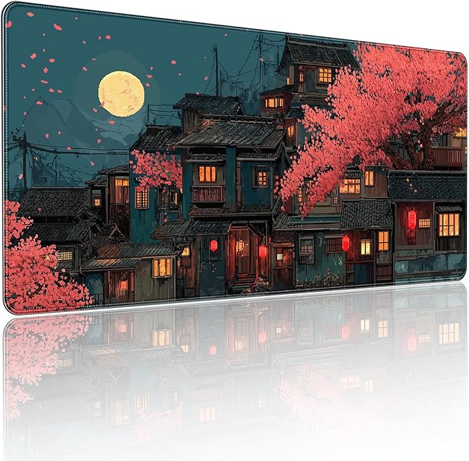 Japanese Anime Cherry Blossom Night Scene Mouse Pad, XXL Extended 35.4 x 15.7 Inch Desk Mat, Non-Slip Rubber Base, Microfiber Cloth Surface, Game Table mat