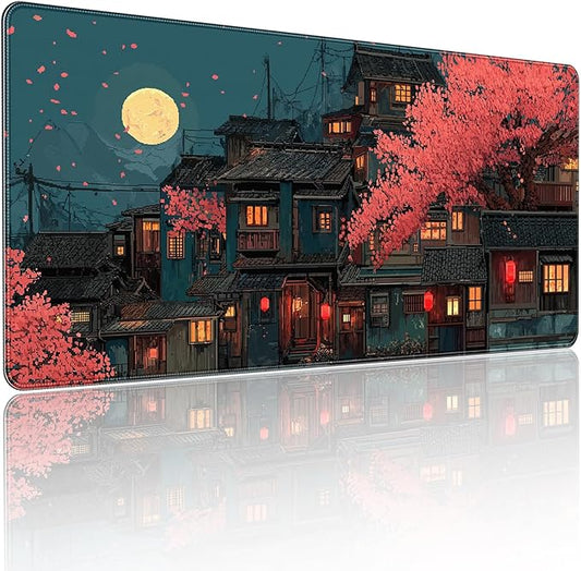 Japanese Anime Cherry Blossom Night Scene Mouse Pad, XXL Extended 35.4 x 15.7 Inch Desk Mat, Non-Slip Rubber Base, Microfiber Cloth Surface, Game Table mat