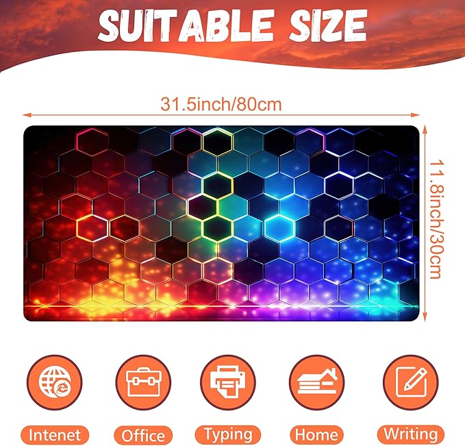 Desk Mat, Colorful Honeycomb Technology Desk Pad,Hexagonal Honeycomb Large Gaming Mouse Pad for Desk,31.5"x15.7" Extended Big Computer Keyboard Mouse Pad with Non-Slip Base and Stitched Edge