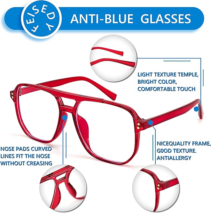 FEISEDY Blue Light Blocking Glasses Fake Nerd Clear Square Computer Lightweight Pilot Glasses Frame Oversized B2866