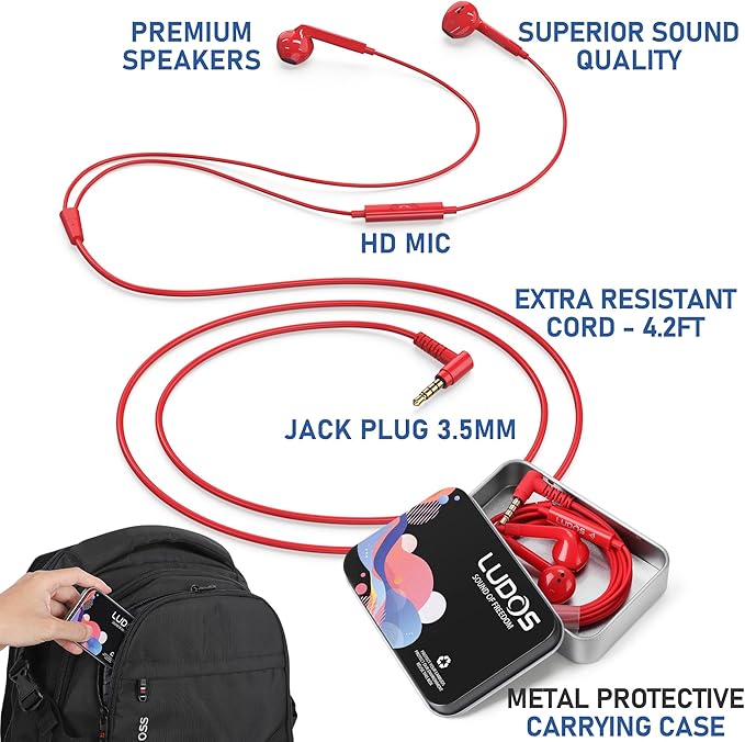 LUDOS FEROX Wired Earbuds in-Ear Headphones, 5 Year Warranty, Earphones with Microphone, Noise Isolation Corded for 3.5mm Jack Ear Buds for iPhone, Samsung, Laptop, Kids, School Students - Red