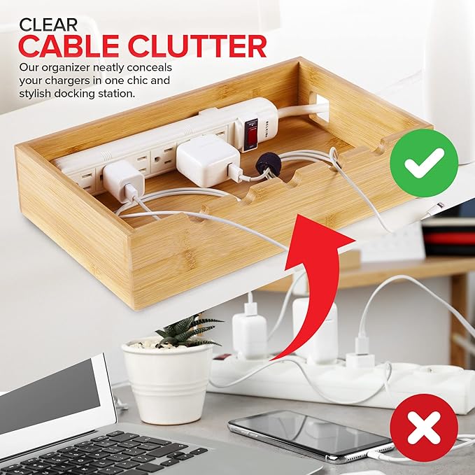 Modern Innovations Bamboo Charging Station for Multiple Devices (Natural) Wood Device Organizer, Desk Docking Stand for Cell-Phone Charger, Compatible with Apple, Android, iPad, iPhone, Tablet, Laptop