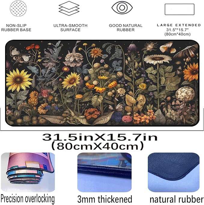Retro Mouse Pad XXL， Flower Sunflower Plant Desk Mat, Long Computer Mat, Gaming Mouse Keyboard Mats, Full Desktop Protector, Nature-Inspired Decoration Home Office Desk Accessory 31.5" x 15.7"
