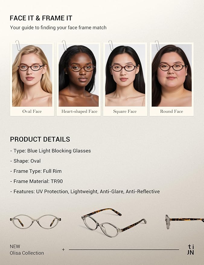 TIJN Olisa Blue Light Blocking Glasses for Women Men,Retro Oval Frame Bluelight Eyeglasses for Gaming/Computer/Screen