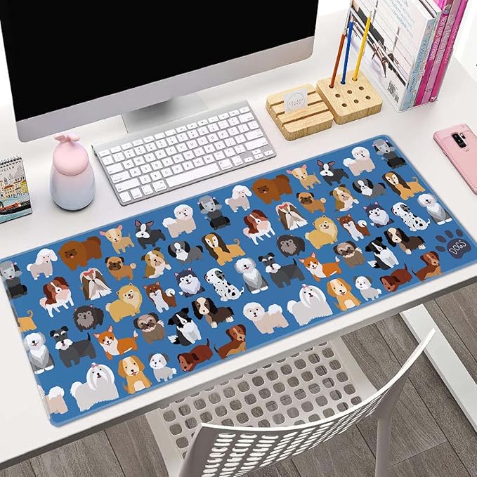 Cute Dog & Puppy XL Gaming Mouse Mat - 31.5 x 11.8 Inch Extended Long, Thin Desk Pad for Keyboard Mice