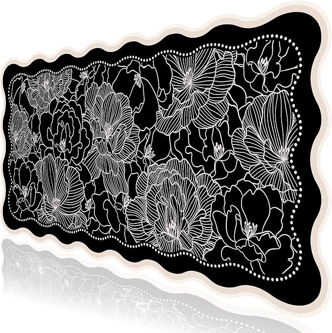 L-SPOUTTO Black Floral Mouse Pad,Vintage Aesthetic Scalloped Desk Mat XXL Large Gaming Mousepad,35.4x15.7in Non-Slip Keyboard Pad Waterproof Desktop Mat for Laptop Computer Work Game Home Office-Peony