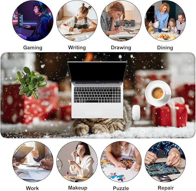 Mouse Pad, Large Anti-Slip with Stitched Edges Desk Mat Desktop Laptop Computer Desk Keyboard Mat,Table Protector Blotter Mat (cat, 35.4" x 15.7")