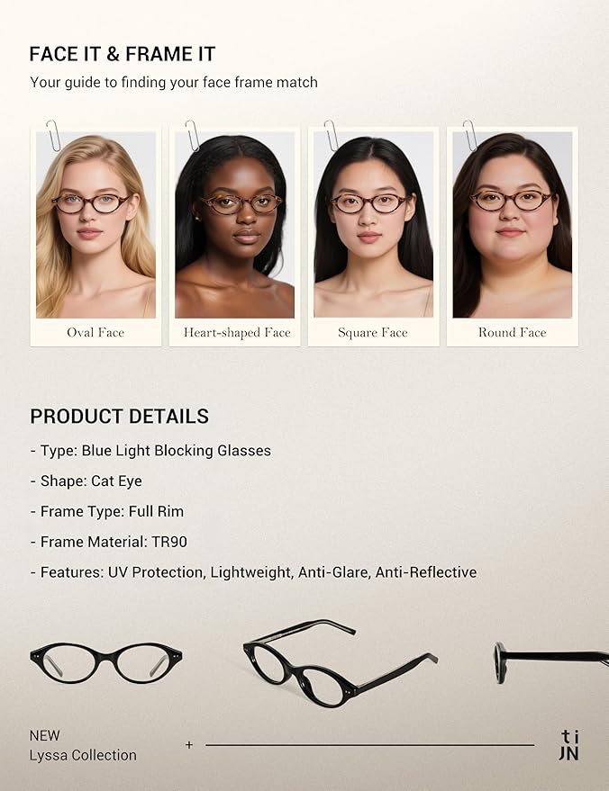 TIJN Blue Light Blocking Glasses Women Men Retro Cat Eye Square Oval Anti Glare Screen Computer Gaming Daily Eyeglasses TR90