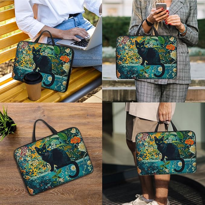 Laptop Sleeve Bag with Handle Computer Protective Soft Cover Case for 14 Inch 13 Inch Laptop,Black Cat Flowers