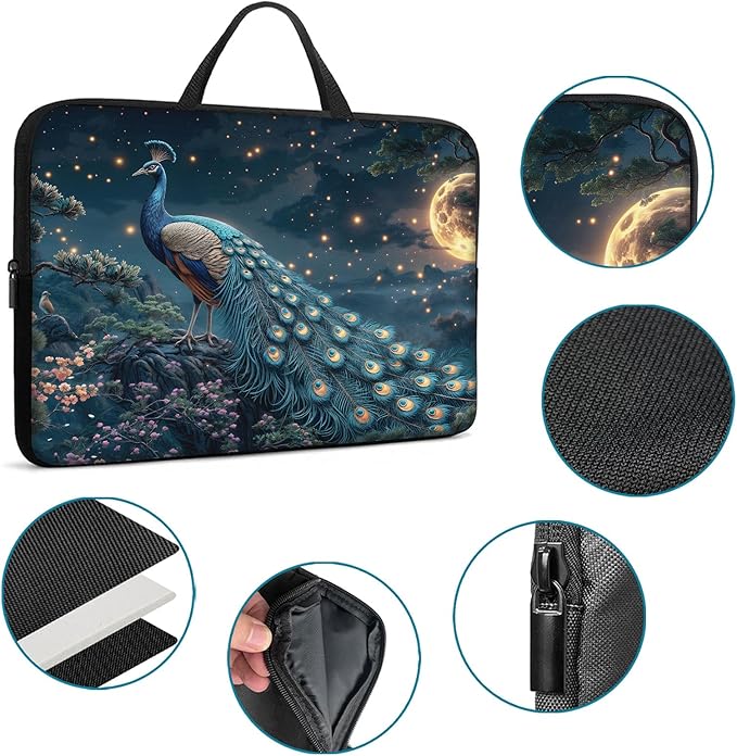 Laptop Sleeve Bag with Handle Computer Protective Soft Cover Case for 14 Inch 13 Inch Laptop,Peacock Moon