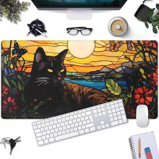 Black Cat Desk Mat Retro Flower Mouse Pad Large Mousepad, Enamel Aesthetic Gaming Mouse Pad Boho Desk Pad Large Decor Computer Mat, with Stitched Eges Non-Slip Base Mouse Pads Accessories 31.5"x15.7"