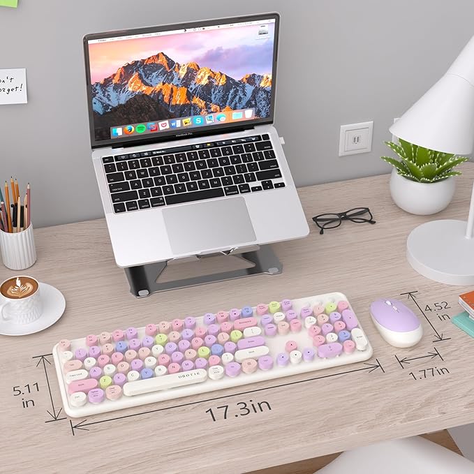 UBOTIE Colorful Computer Wireless Keyboards Mouse Combos, Typewriter Flexible Keys Office Full-Sized Keyboard, 2.4GHz Dropout-Free Connection and Optical Mouse (White-Colorful)