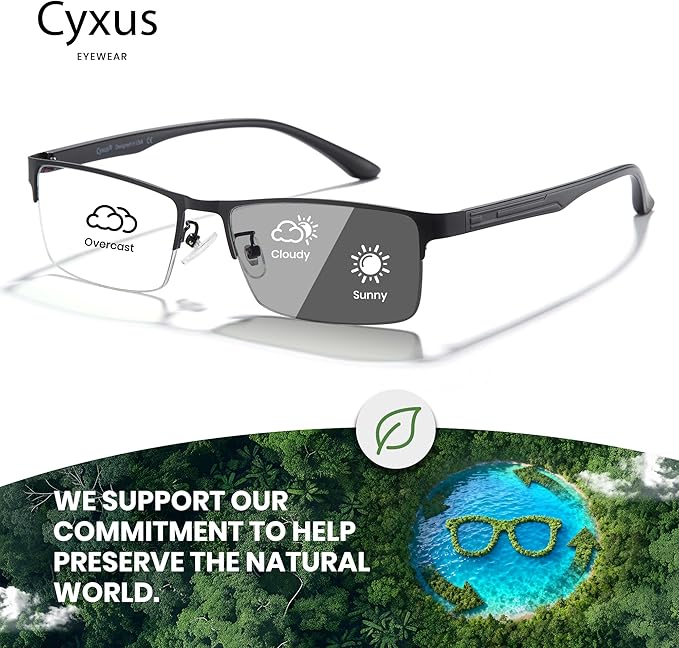 Cyxus Blue Light Blocking Glasses Men Woman Photochromic Semi Rim Computer Gaming Office Study Eyeglasses UV Protection 8001
