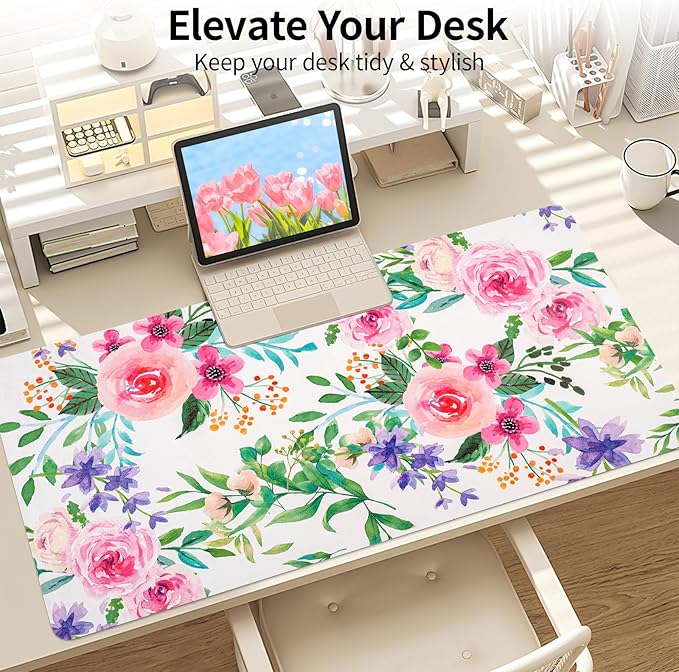 Leather Desk Pad, Pink Floral Desk Matt for Desktop, Women Girls Waterproof Large Keyboard Pad, Cute Computer Mat for Office Work/Home/Decor/Desktop Accessories (31.5"x15.7")