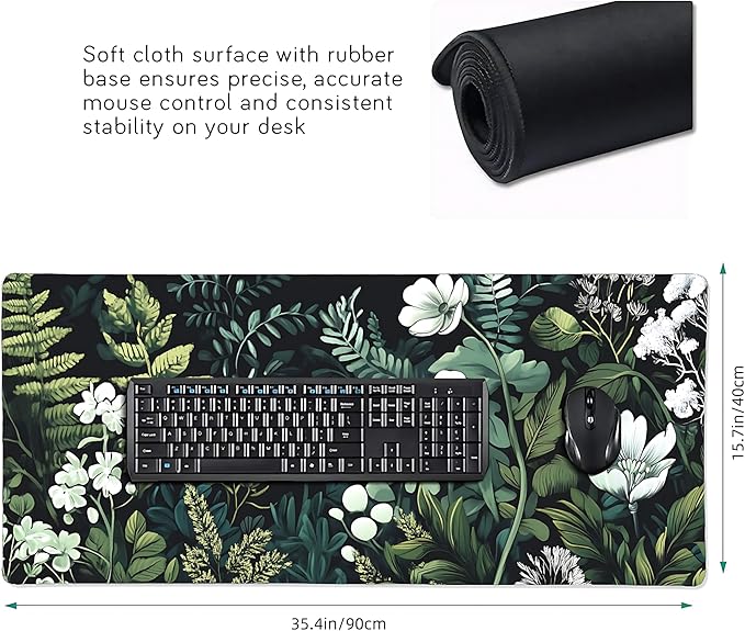 Floral Aesthetic Wildflower Gaming Mouse Pad, Forest Green Moody Forest Desk Mat with Anti-Slip Base & Stitched Edges,35.4" x 15.7" in Table Mat for Computer Desktop, Beautiful Workstation Decor