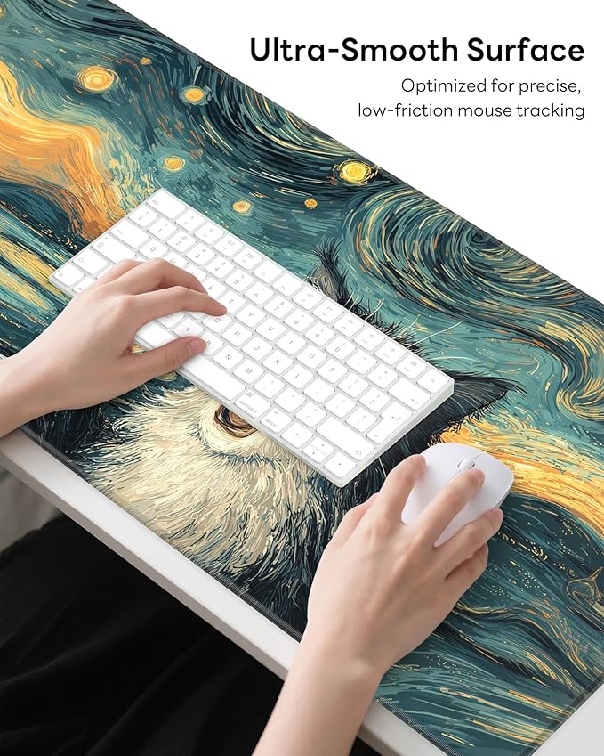 XL Gaming Mouse Pad, 31.5x15.7'' Large Desk Mat with Anti-Slip Rubber Base & Stitched Edges for Gaming, Office, Home - Shocked Cat