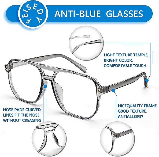 FEISEDY Blue Light Blocking Glasses Fake Nerd Clear Square Computer Lightweight Pilot Glasses Frame Oversized B2866
