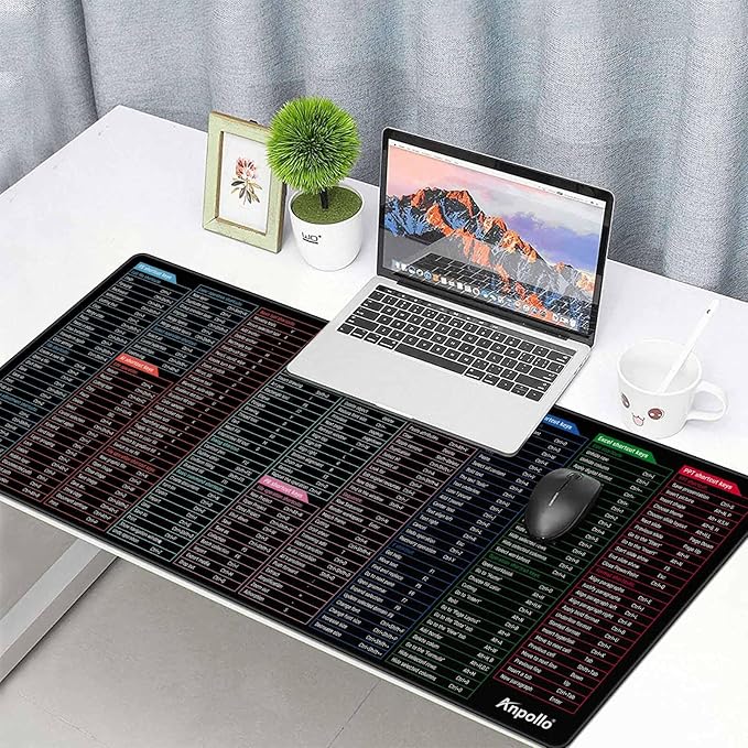 Large Excel Shortcut Mouse Pad, Extended Office Mousepad with Stitched Edges, Non-Slip Base Keyboard Mat for Desk, Gaming Mouse Pads for Office and Home, 35.4x15.7inches, Back to School