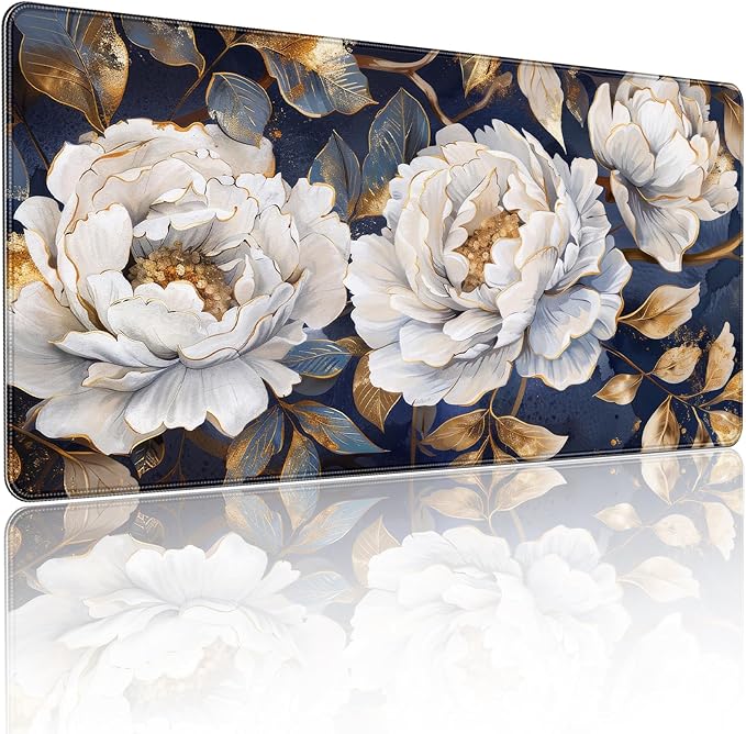 Extended Gaming Mouse Pad, Floral Peony Design, Navy Blue White and Gold, 35.4 x 15.7 Inches, Non-Slip Rubber Base, Stitched Edges