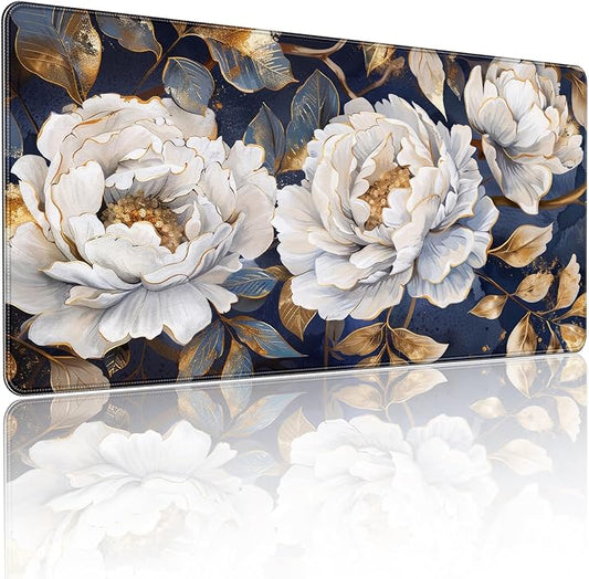 Extended Gaming Mouse Pad, Floral Peony Design, Navy Blue White and Gold, 35.4 x 15.7 Inches, Non-Slip Rubber Base, Stitched Edges