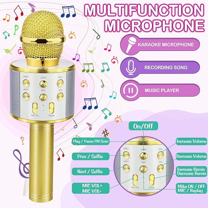 Birthday Gifts for 3-11 Year Old Girls, Bluetooth Karaoke Microphone for Kids Gifts for Teenage Girls Christmas Stocking Stuffers for Kids Popular Toys for 4-12 Year Old Boys Girls - Gold