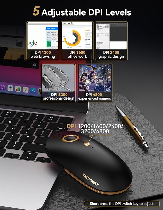 TECKNET Computer Mouse, 2.4Ghz Silent USB-A Wireless Mouse, 4800 DPI Ambidextrous Quiet Click for Travel, Slim Portable Wireless Mice Compatible with PC Laptop