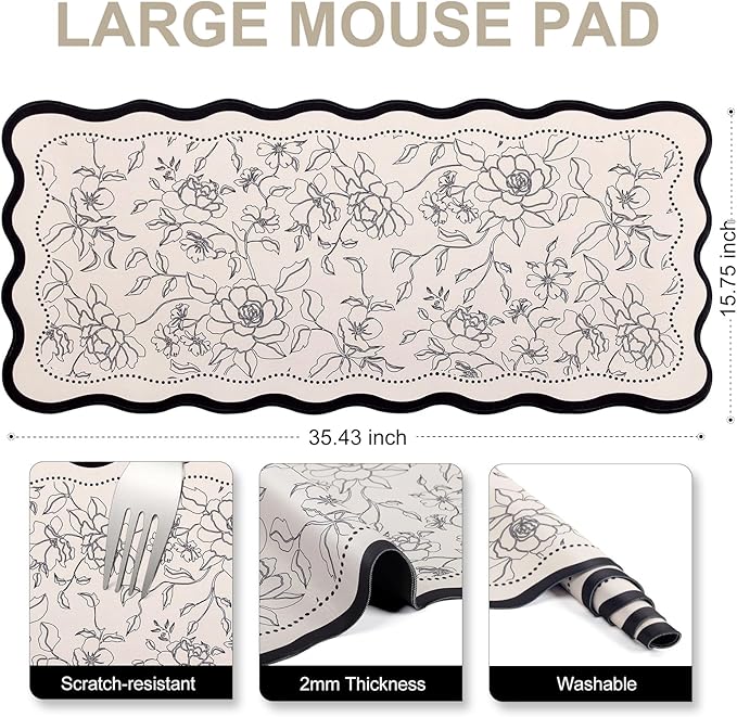 L-SPOUTTO Vintage Floral Mouse Pad,Aesthetic Scalloped Desk Mat XXL Large Gaming Mousepad,35.4x15.7in Non-Slip Keyboard Pad Waterproof Desktop Mat for Laptop Computer Work Game Home Office- Beige