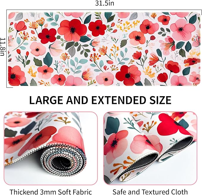 Floral Desk Mat, Desk Matt for Desktop Non-Slip, Large Mouse Pad with Stitched Edges, XL Computer Desk Mat for Women Office Decor (Red, 31.5" x 15.7")