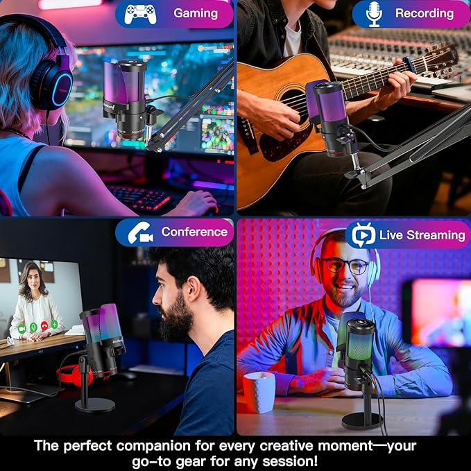ZealSound Gaming Microphone for PC/Mac/iPhone/Phone – 192kHz/24-bit Podcast Mic with Noise Reduction, Tap-to-Mute, Gain, Monitoring, Boom Arm, Pop Filter, RGB Lighting for Streaming, Gaming, Recording
