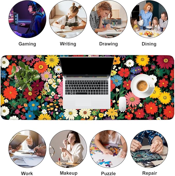 Mouse Pad, Large Anti-Slip with Stitched Edges Desk Mat Desktop Laptop Computer Desk Keyboard Mat,Table Protector Blotter Mat (Flower, 31.5" x 11.8")