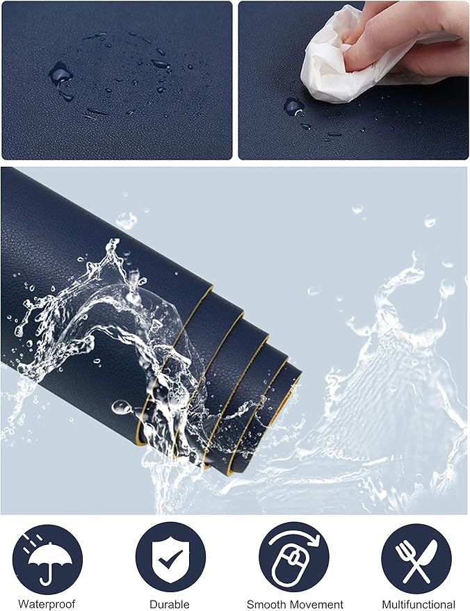 Dual Sided PU Leather Desk Pad, Mouse Pad, Office Desk Mat, Non-Slip Laptop Desk Pad, Waterproof Desk Writing Pad for Office and Home (31.5" x 15.7", Dark Blue + Yellow)