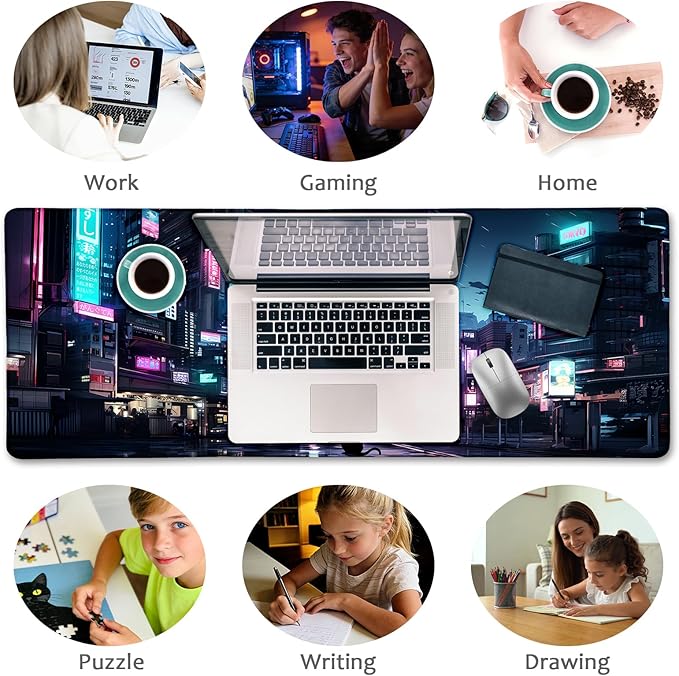Cyberpunk Mouse Pad, Japanese Anime Cat Desk Mat, Neon Tokyo Extended Gaming Mouse Pads for Desktop Computer Laptop Office Work Game Home, 31.5x11.8 in
