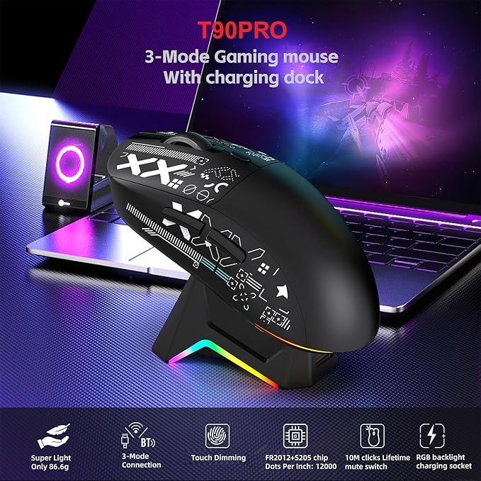 Wireless Gaming Mouse RGB Light, 3 Mode Wired 2.4G BT5.3 12000 DPI 7 Programmable Buttons, Magnetic Charging Dock for PC Laptop Gaming (Black)