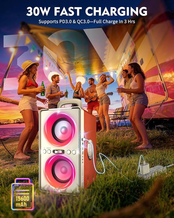 Bluetooth Speaker, 240W Peak Loud Party Speaker with Big Bass, 20H Playtime, TWS, BT5.3, Large Portable Wireless Boom Box with LED Light for Outdoor Backyard Beach Home (Leather Orange)