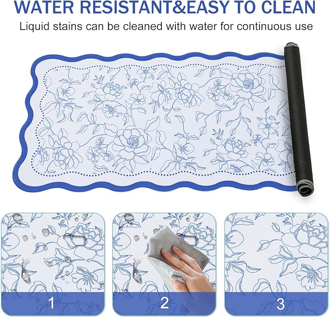 L-SPOUTTO Vintage Floral Mouse Pad,Aesthetic Desk Mat XXL Large Scalloped Gaming Mousepad,35.4x15.7in Non-Slip Keyboard Pad Waterproof Desktop Mat for Laptop Computer Work Game Home Office-Blue