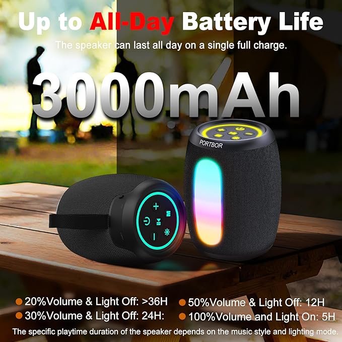 Portable Bluetooth Speaker, 2026 Powerful Stereo Loud Sound Wireless Speaker, 8 LED Modes, IPX5 Waterproof, Up to 36H Playtime, BT 5.3 with AUX, TWS Pairing, for Outdoor/Home/Party/Beach, Ideal Gifts