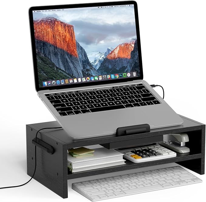 AFOOYO Adjustable Wood Laptop Stand, Ergonomic Height Angles Computer Holder Riser for Desk Compatible with Air, Pro, Dell, HP, Lenovo More 10-17.3" Laptops, Black