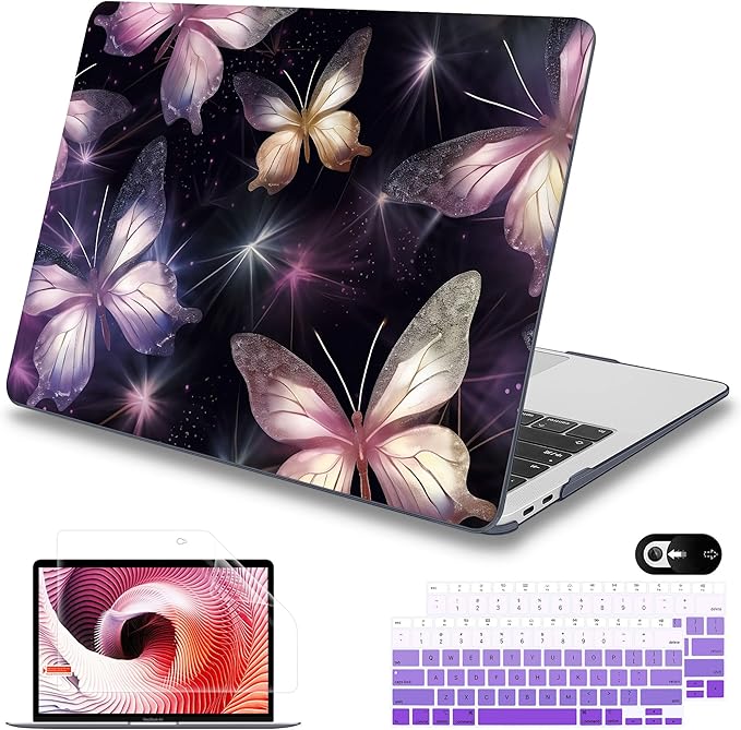 Mektron Case for MacBook Air 13 inch M1 A2337 A2179 A1932,Hard Cover 2018-2021 Air 13-inch with Touch bar & Touch ID, Exclusively Designed Protective Shell with Screen Protector,Glittering Butterfly