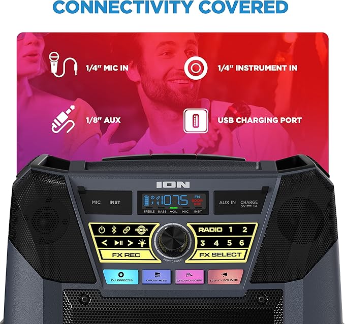 ION Block Rocker XL - Portable Bluetooth Outdoor Party Speaker, 220W, with Karaoke Microphone, Battery, 5 Speakers, Lights, Radio, USB Charging & App