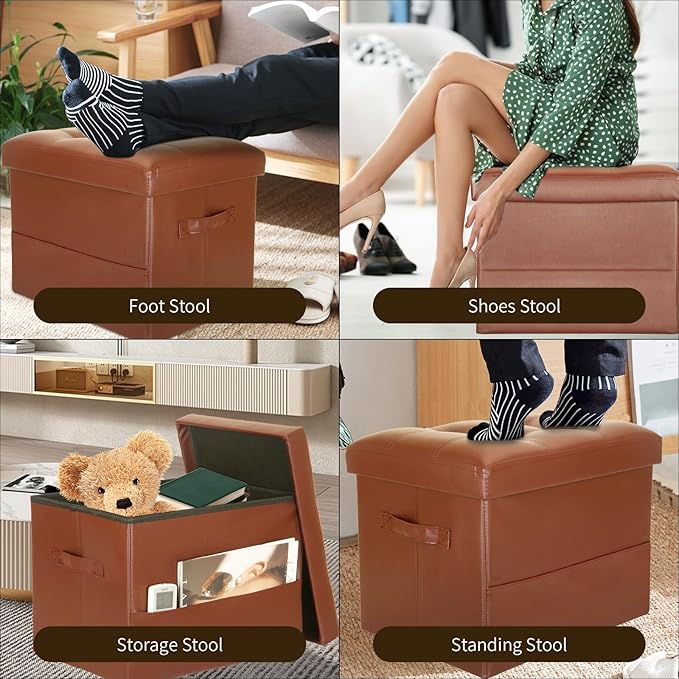BelugaHelper Storage Ottoman Foot Rest Stool. Folding Ottoman with Storage with Thicker Foam Padded Seat. 330 lbs Footstool Bench for Living Room, Bedroom, Home Office Table, 17x13x13in, Light Brown